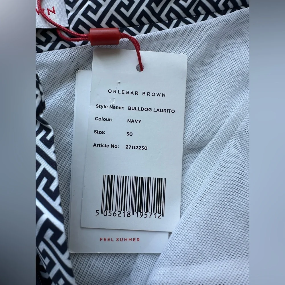 NWT Orlebar Brown Bulldog Laurito Swim Shorts - Size 30 - Navy Geometric Pattern